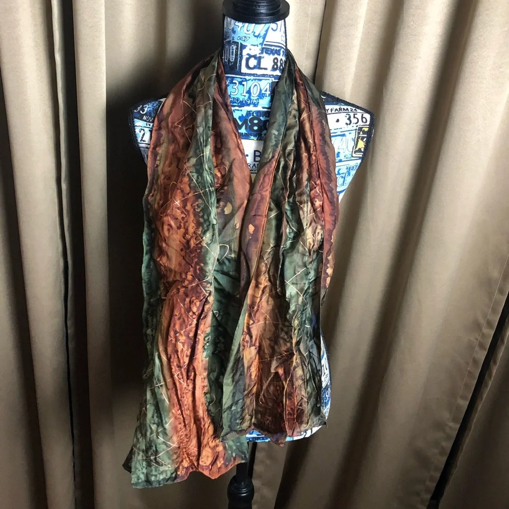 Silk-Tone Olive & Copper Printed Scarf